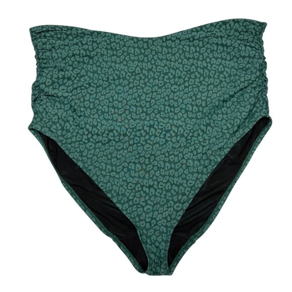 Foldover Waist Swim Brief Lane Bryant Cacique Green Leopard Print Bottom Size 34 - Picture 1 of 8